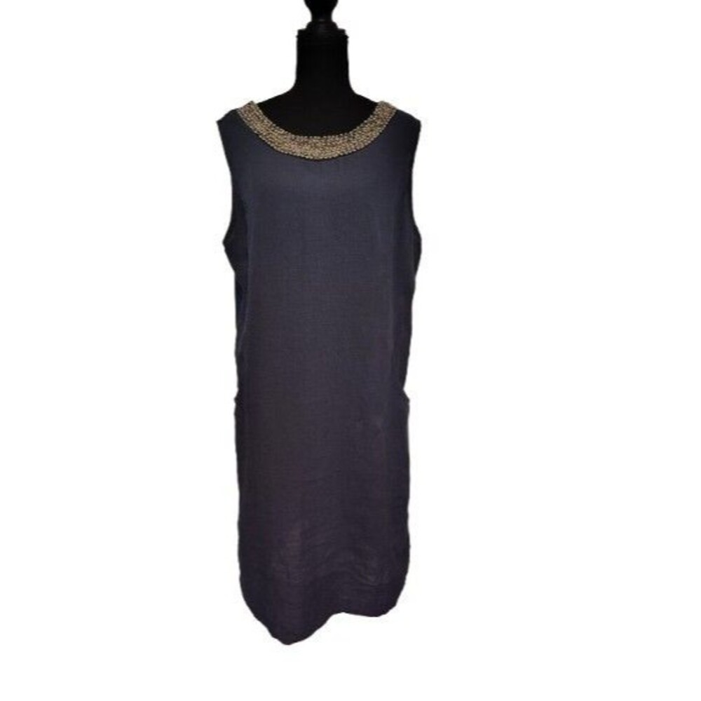 Lungo L'Arno Linen Shift Dress Women 1X Navy Blue Beaded Pockets Keyhole